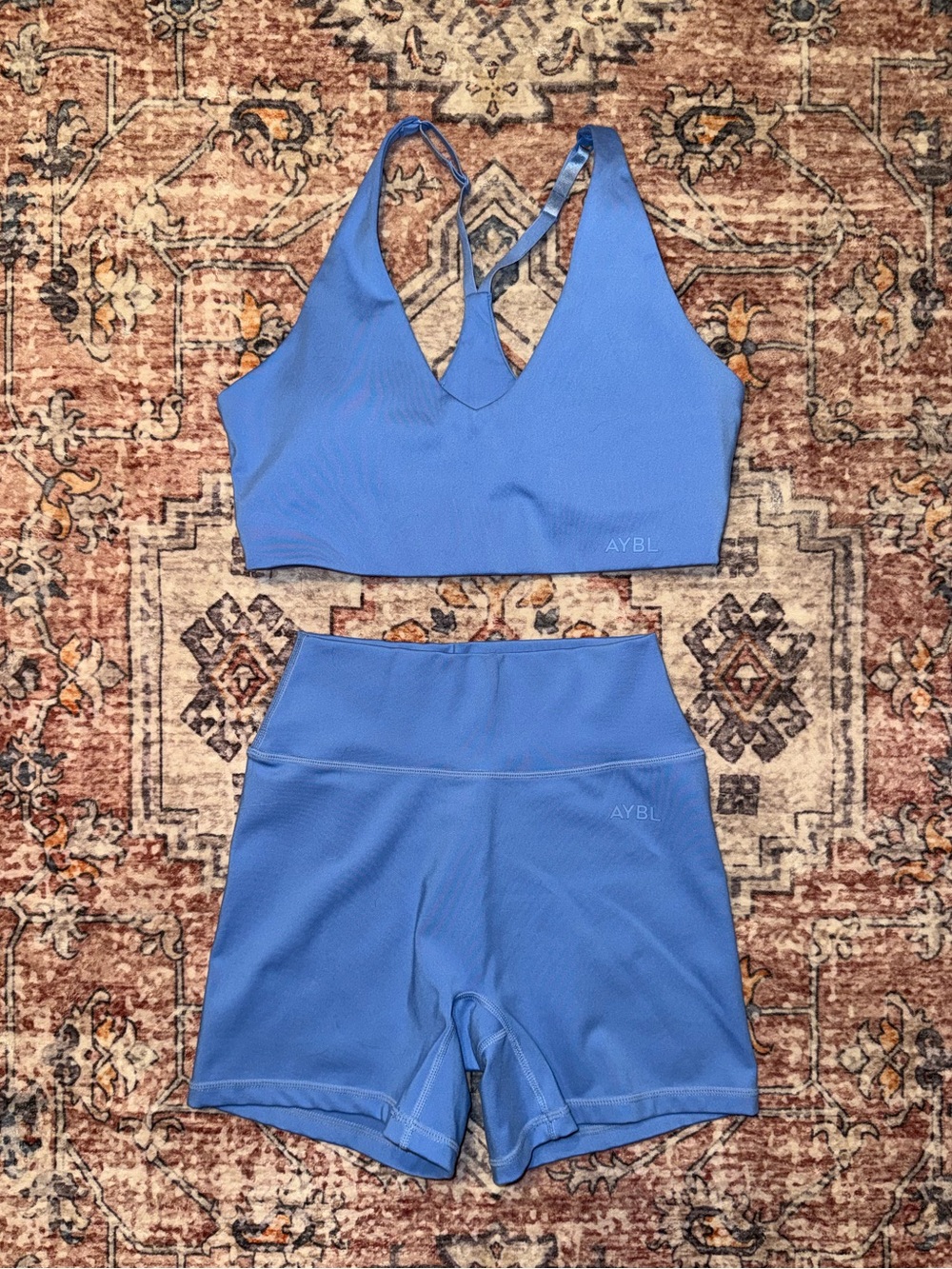 AYBL Cornflower Blue V-Neck Sports Bra with High-Waist Bike Shorts